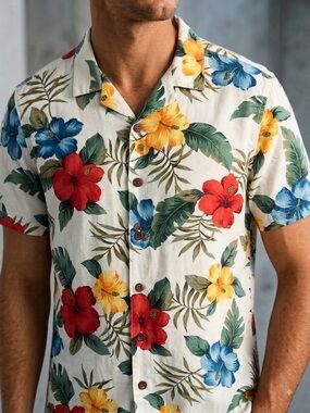 Vintage Jamaica Bay Cream Hawaiian Floral Short-Sleeve Button Shirt